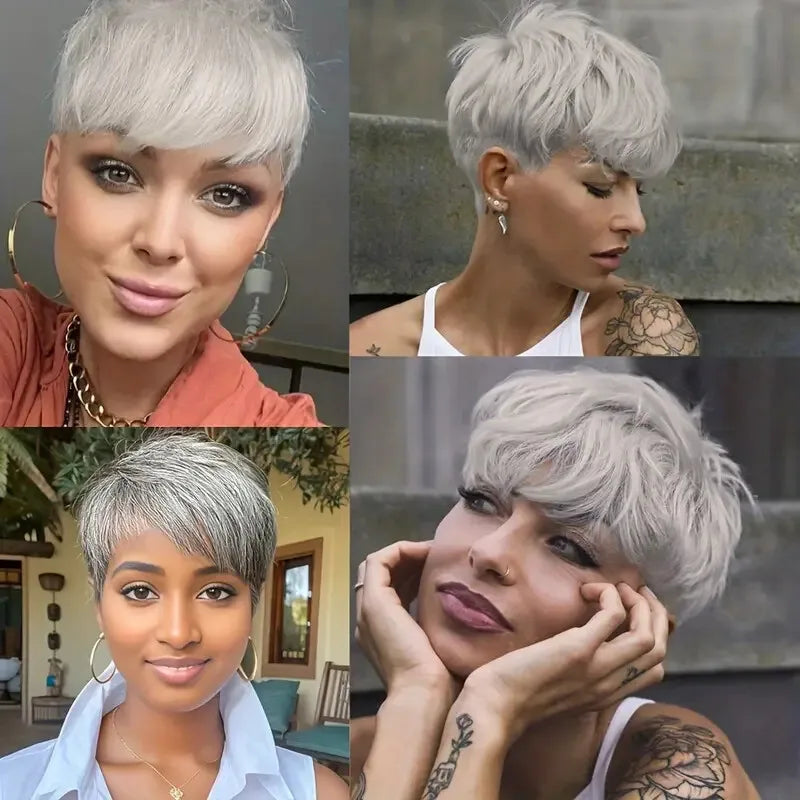 Grey Short Pixie Cut Wig Human Hair Short Layered Pixie Wig For Women 6 Inch Straight Grey Full Machine Made Human hair Wig