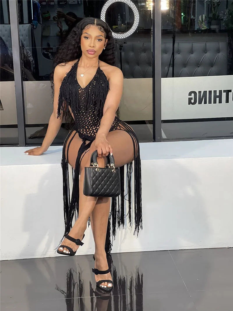 Sexy Crochet Knitted Beach Summer Dress Women Halter V-neck Tassel Backless Maxi Dress Vacation Sheer Long Dresses Swimsuit 2022