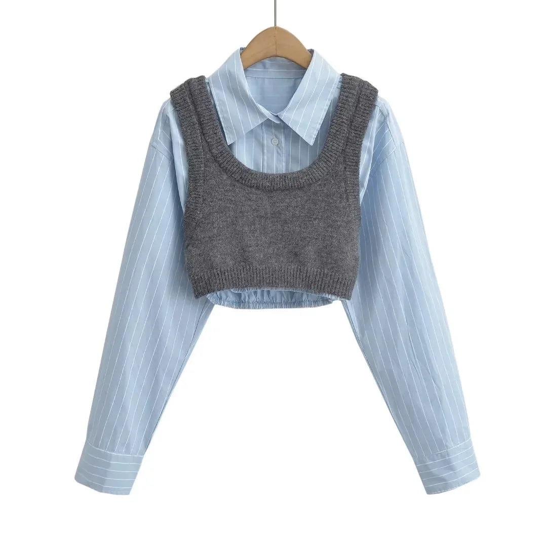 Joskaa Women Lapel Long Sleeve Single Breasted Cropped Shirt with Knitted Vest 2 Piece Set 2024 Summer Fashion Tops Streetwear
