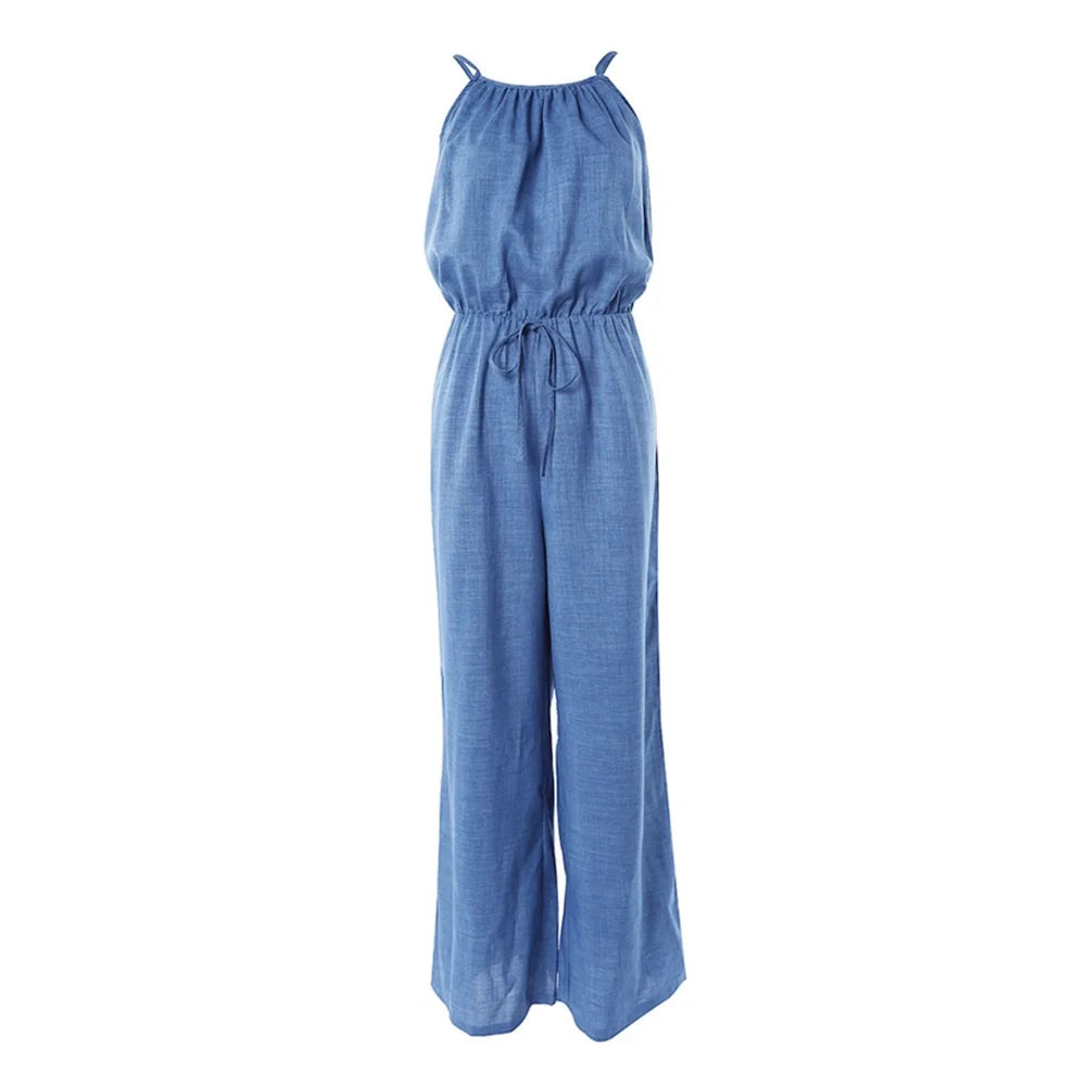 Women Solid Color Round Neck Wide Leg Straight Overalls Summer Spaghetti Strap Drawstring Waist Casual Black Jumpsuits