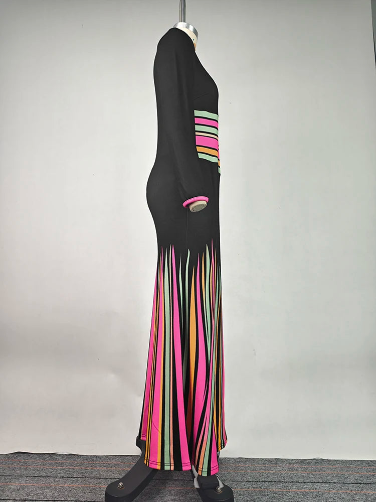 2025 Ladies Bodycon Dress V-neck Long Sleeves Colorful Striped Evening Dresses for Women High Waist Pleated Dress