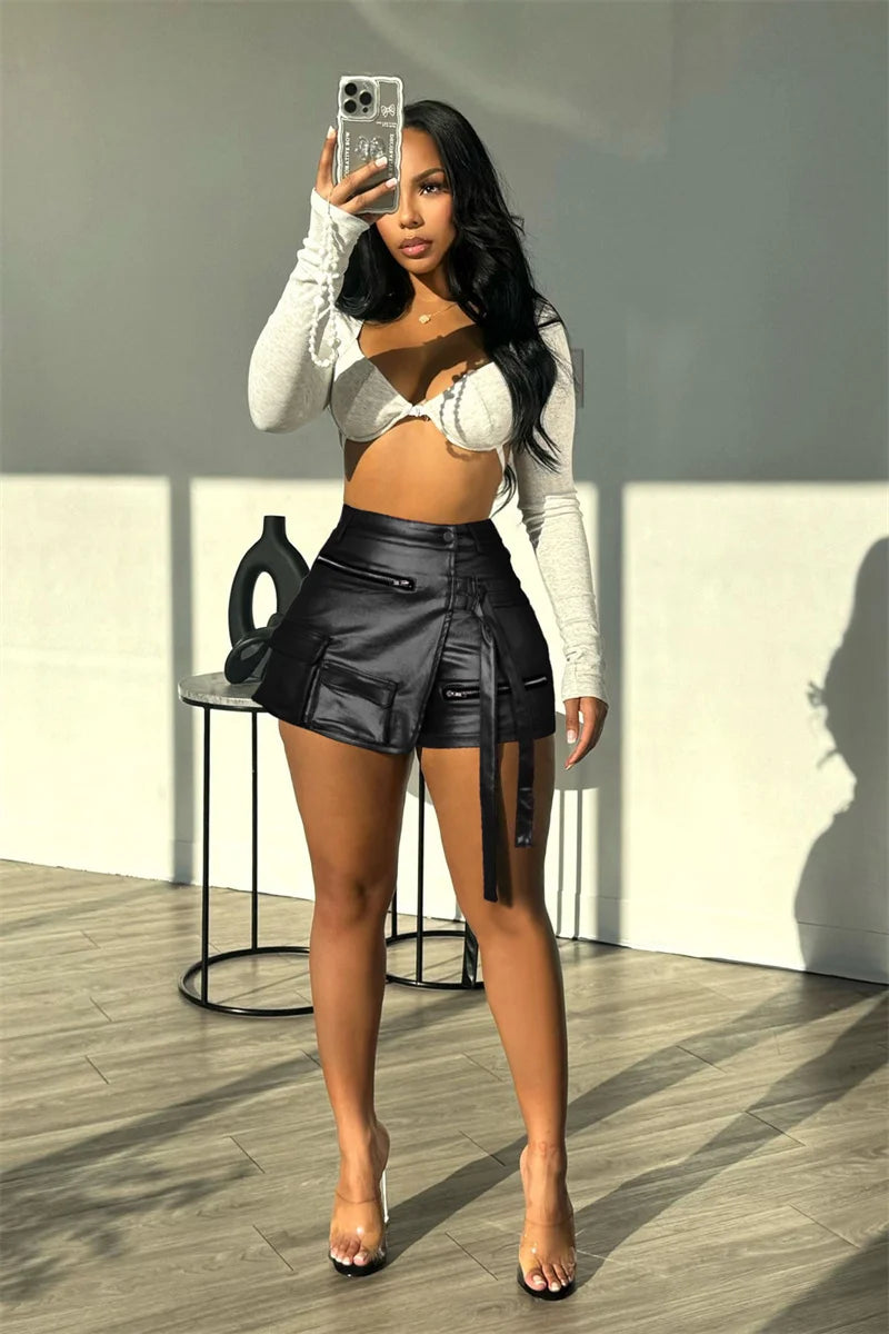 Shiny Metallic Irregular Shorts Skirts Women Y2K Clothing High Waist Button Fly Pockets Zipper Party Club Birthday Short Mujer