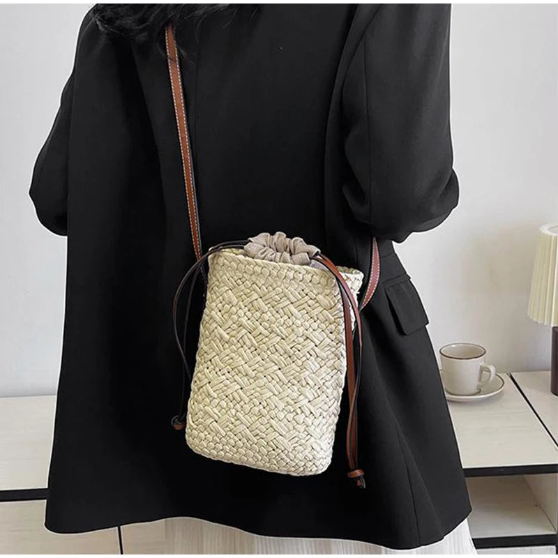 Brand Gradient Raffia Crossbody Bag Straw Drawstring Bohemian Summer Beach Travel Design Shoulder Bag Shop Basket Crossbody Bag