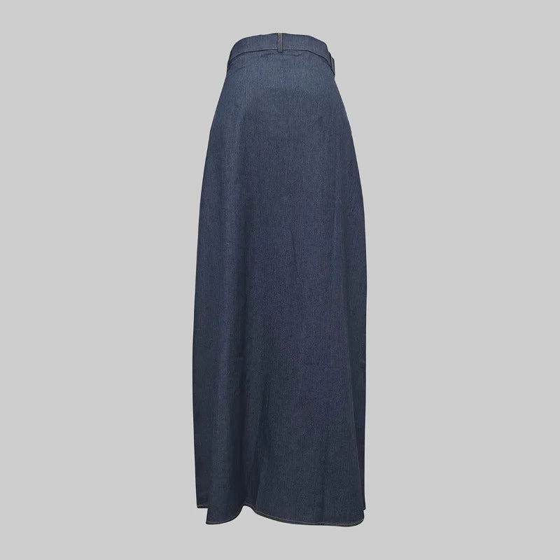 2025 New Fashion Imitation Denim H-Line High Waist Skirts Spring Summer Loose Solid Color Pockets Maxi Skirt For Women