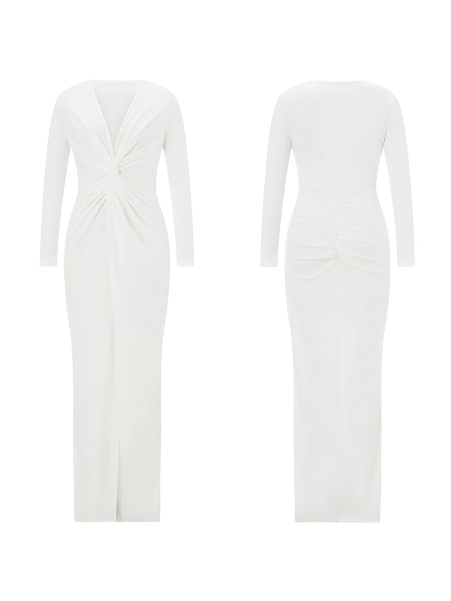 Women's Twist Front Party Dress Elegant Long Sleeve Deep V Neck Bodycon Long Dresses Female Solid Color Formal Evening Gown