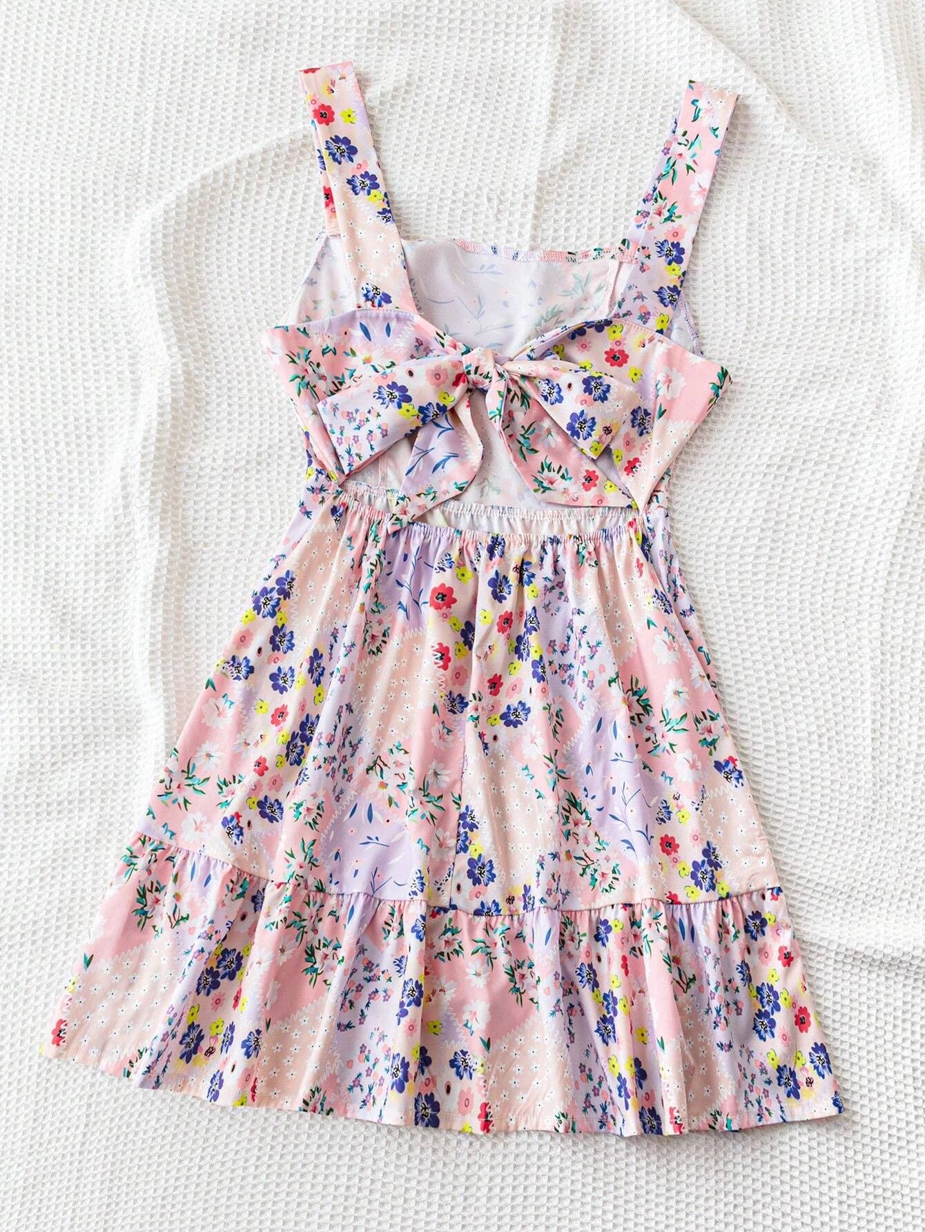 Women's Floral Print Strapless Back Tie Bow Dress 1181