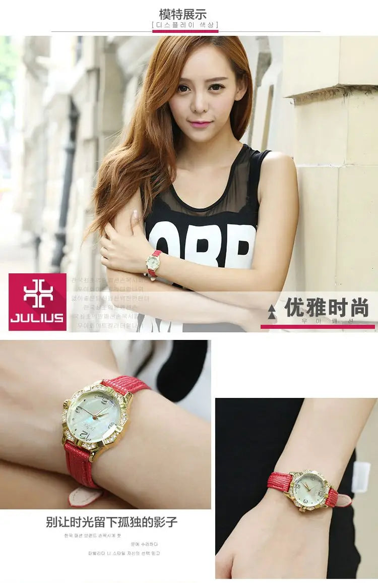 Small Rhinestones Julius Lady Women's Watch Mother-of-pearl Japan Quartz Fashion Hours Bracelet Leather Girl's Gift No Box