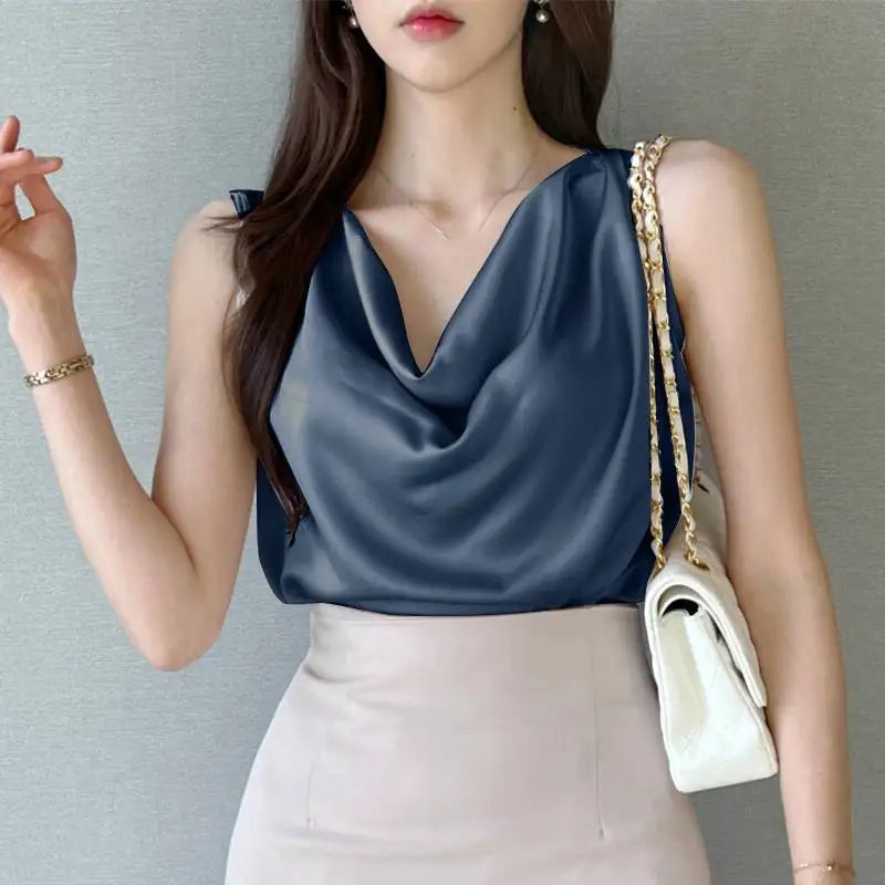 ZANZEA Women Satin Tank Tops Elegant Cowl Neck Sleeveless Blouse Korean Fashion Silk Solid Color Tanks Office Lady Sexy Camisole