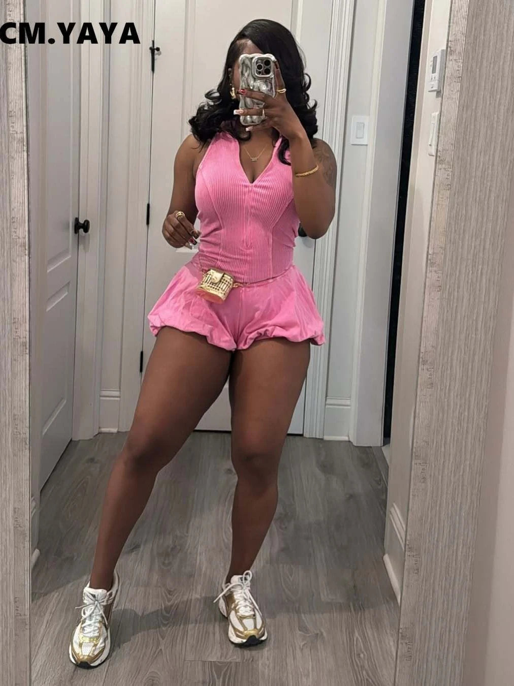 CM.YAYA 2025 Women Sleeveless Knitted Ribbed Patchwork Short Jumpsuit Playsuits Summer Street Elastic Party Romper One Piece Set