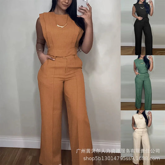 Two Piece Sets Women Pant Set Matching Sets Vest Short Tops High Waist Wide Leg Long Pants Casual Work Elegant Y2k Streetwear
