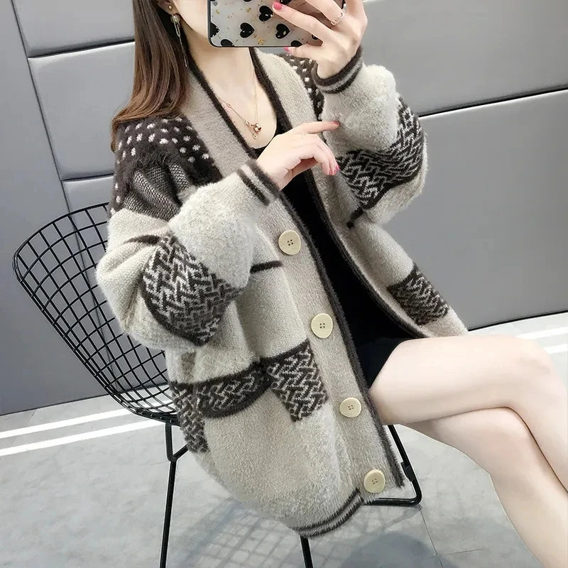 Mink Velvet Knitted Cardigan Jacket Women's 2022 New Loose Ladies Sweater Outerwear Spring And Autumn All-Match Button Jacket