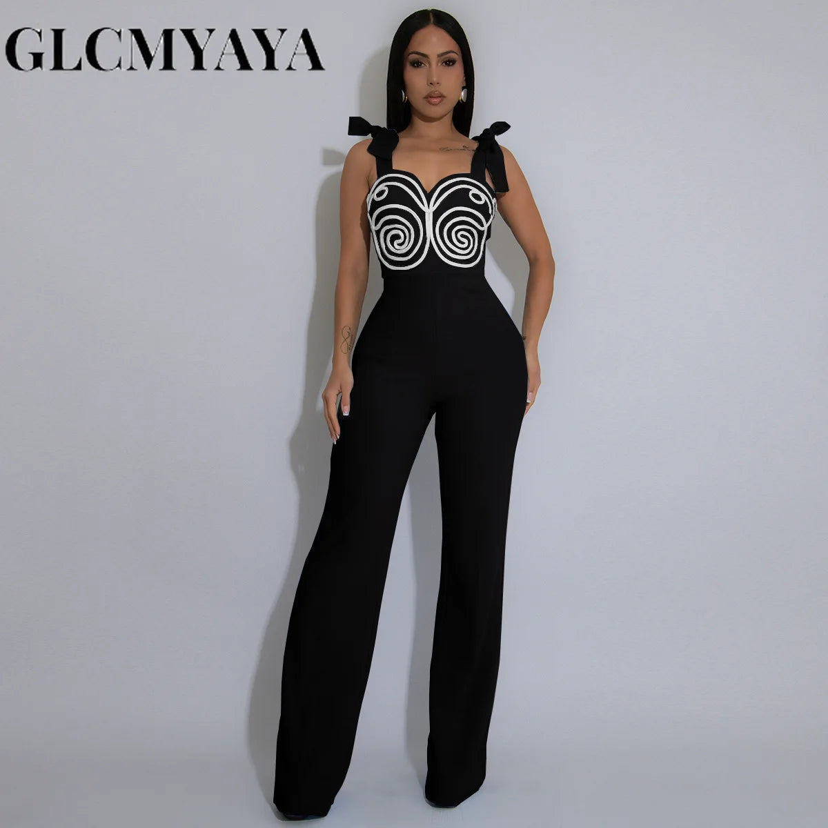 GLCMYAYA Women Geometric Applique Bowknot Shoulder Sleeveless Jumpsuits 2025 Summer Vacation One Piece Set Streetwear Outfits