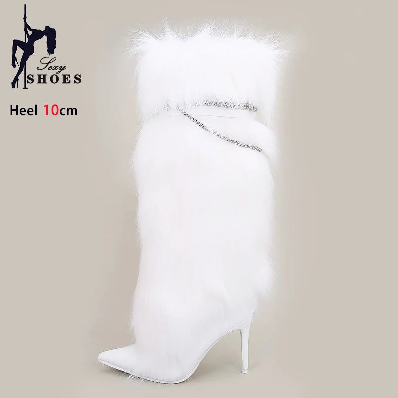 Elegant Faux Fur Knee High Stiletto Boots for Women