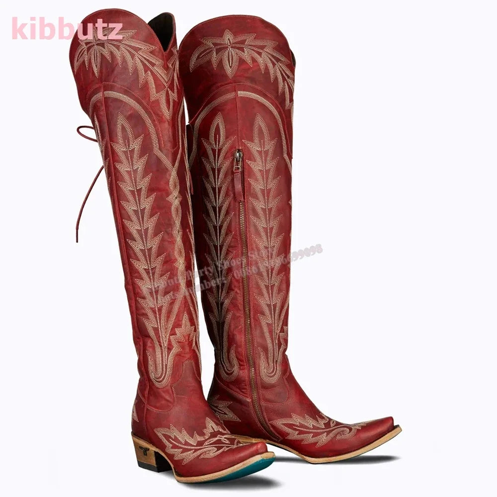 Rivet Cowboy Vintage Boots Over The Knee High Embroidery Lace-Up Luxury Leather Pointed Toe Chunky Heels Fashion Concise Shoes