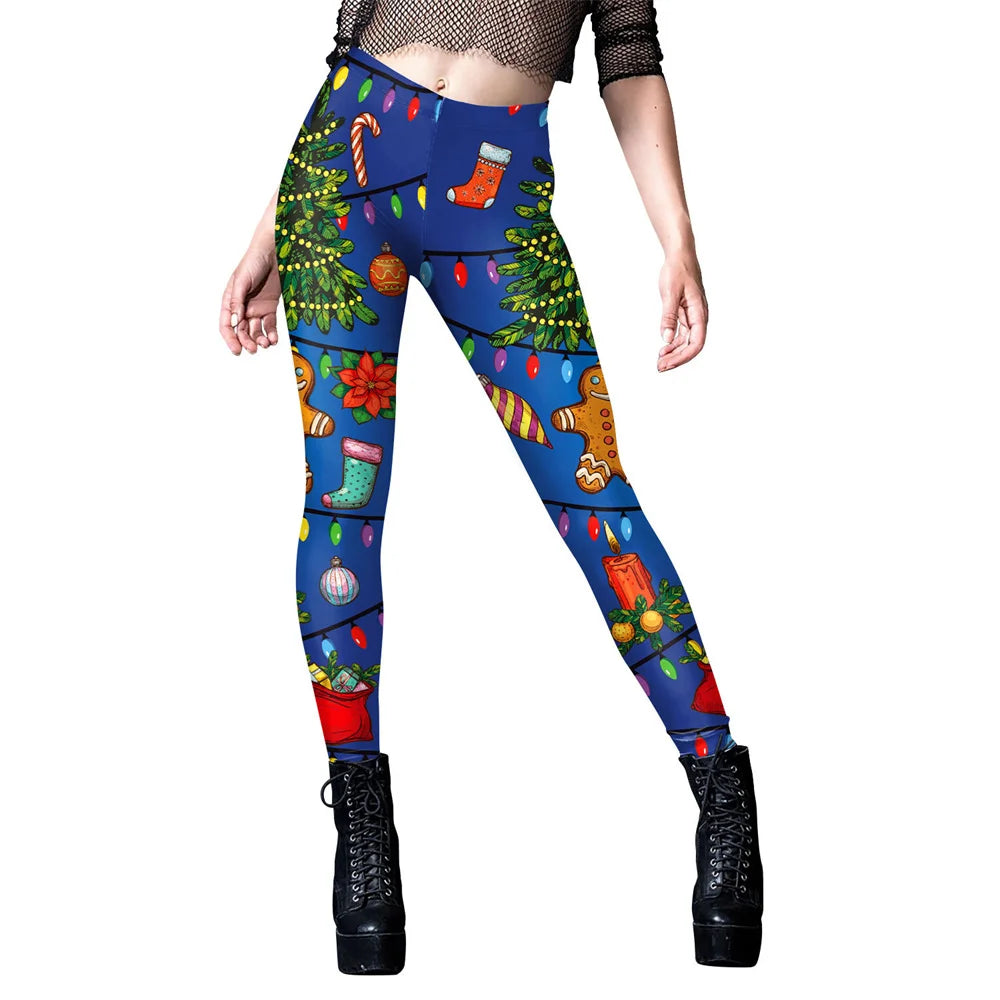 FCCEXIO Christmas Tree Print Leggings Women Party Sexy Tights Mid Waist Snowflakes Red Plaid Trousers Girls Casual Pants Bottom