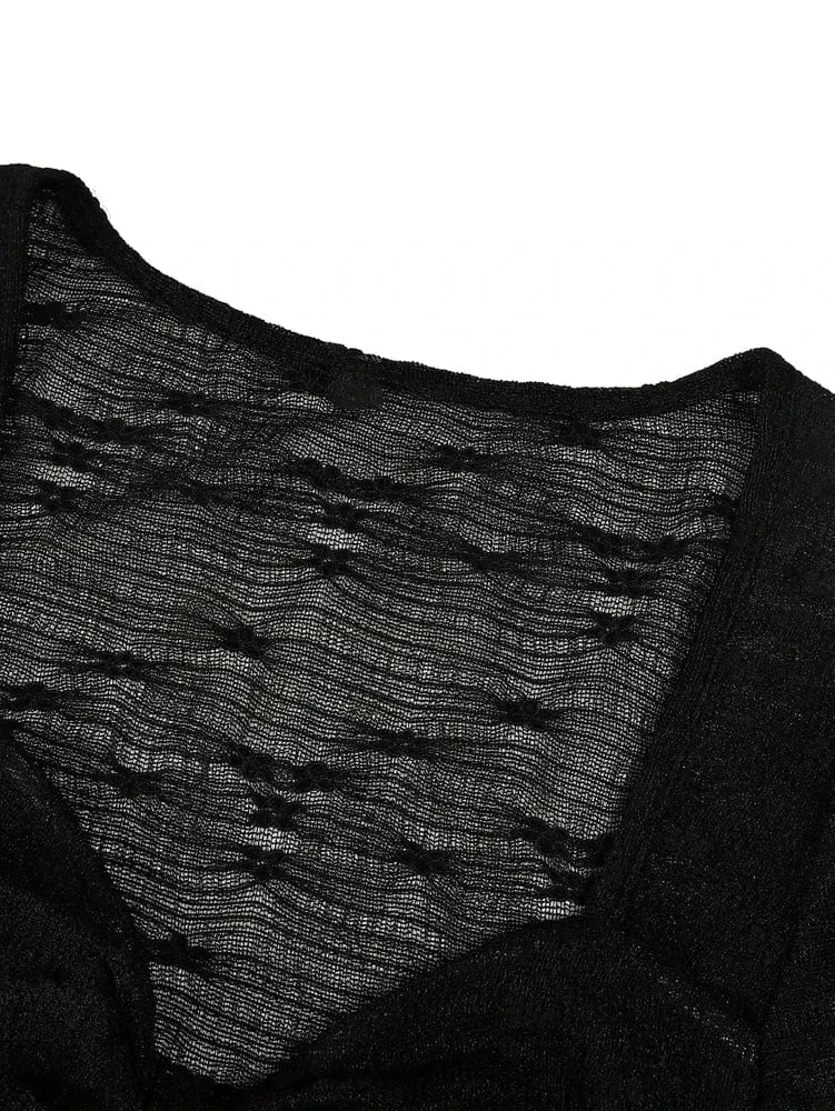 2025 Spring and Summer New Women's Solid Color Long Sleeve Square Neck Rope Knot Top Lace Transparent Long Sleeve Sexy