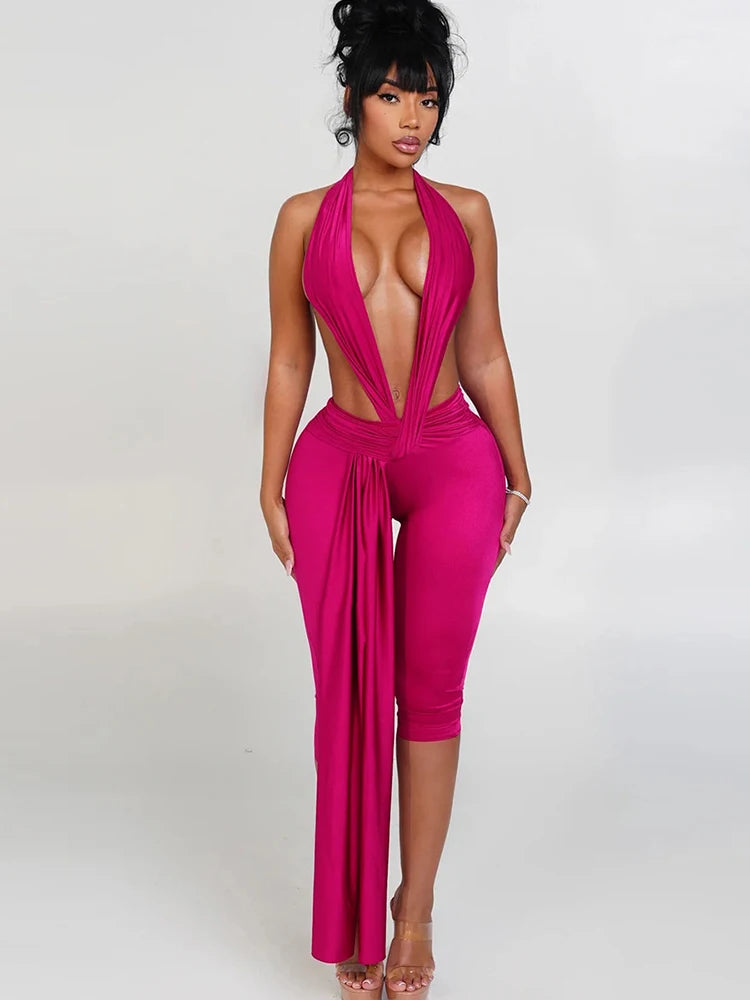 Weird Puss Patchwork Halter Romper Women Ribbon Sleeveless Elastic Backless Workout Activewear Midnight Activity Slim Playsuits