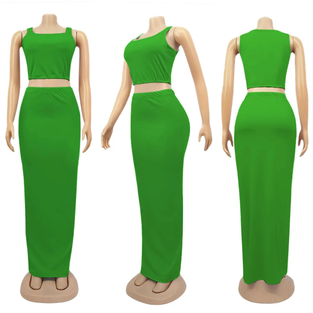 CM.YAYA Women Set Solid Sleeveless Strap Square Collar Crop Tops Stretchy Long Skirts Two Piece Set Sexy Fashion Outfits Summer