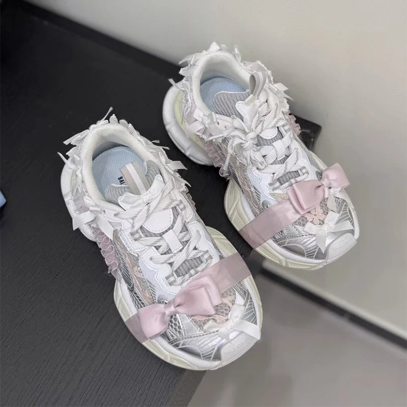 Luxury Brand Thick-soled Sports Shoes Women Bow Tie Casual Run Shoe Versatile Mesh Breathe Comfort Outdoor Large Size Women Shoe