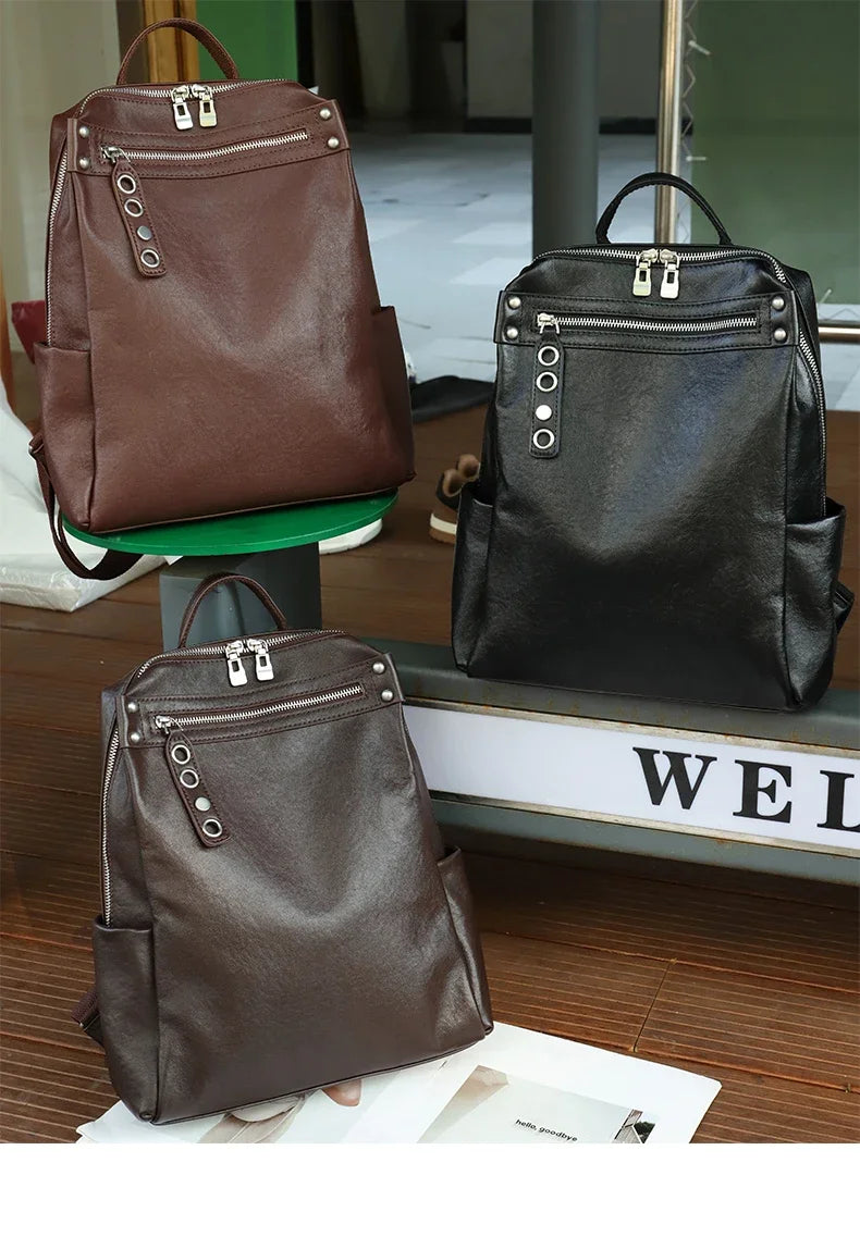 Women's Natural Cow Leather Backpacks Lady Cowhide Design Large Capacity Bags Female Retro Fashion Versatile Backpacks Ladies