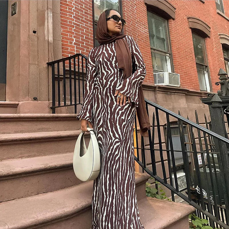 Temperament printed crewneck basic dress female fall style fashion elegant slim dress