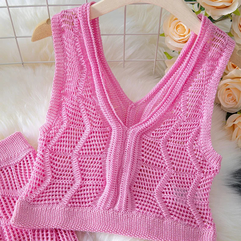 Solid Color Knitted Slim Fit Two Piece Set Casual Hollow Out Beach Outfit Lady Summer V Neck Sleeveless Top and Long Skirt Suit