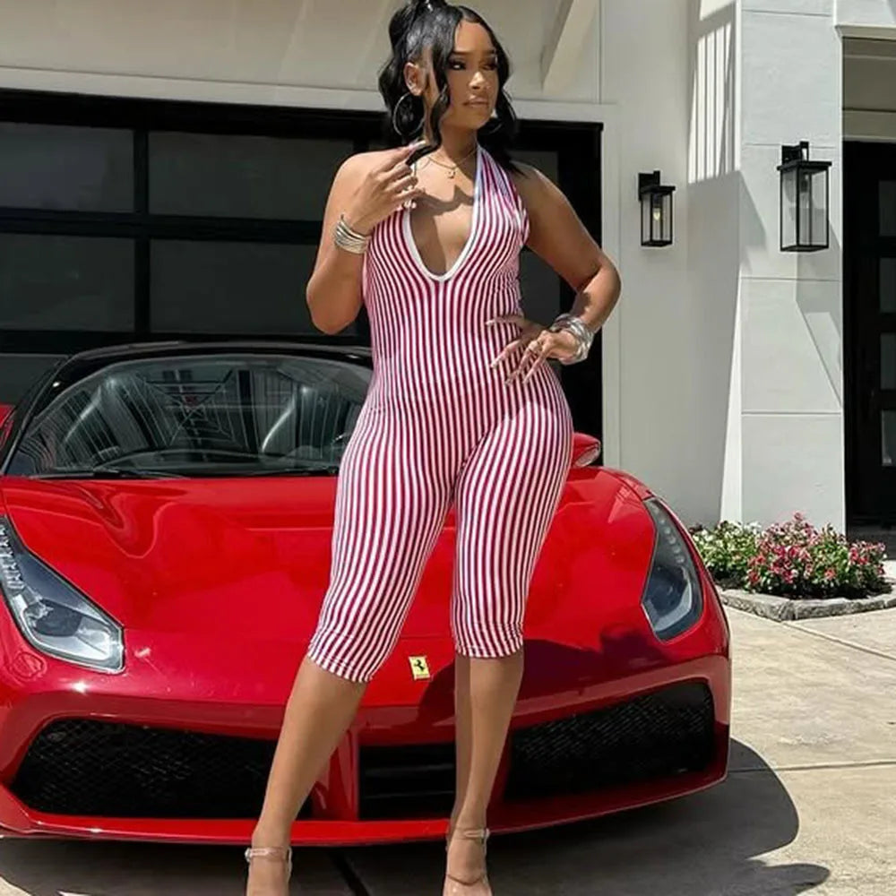 FAGADOER Casual Striped Patchwork Bodycon Romper Women Red Halter Deep V-neck Backless Jumpsuit Female Streetwear Overalls New
