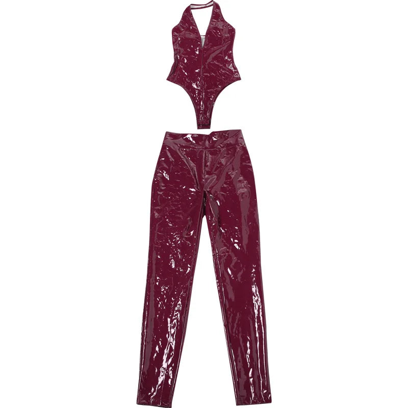 CM.YAYA Women Set PU Leather Halter V-neck Top + Pencil Pants Suits 2025 Fitness Streetwear Two 2 Piece Sets Outfits Tracksuit