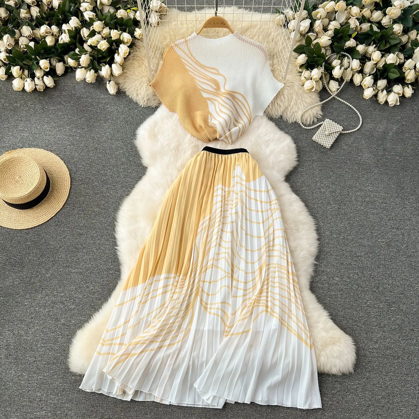 Summer Contrast Color Miyake 2 Pieces Set Women's Short Sleeve High Stretch Pullover Shirt Top+Long Pleated Chiffon Skirt Suit
