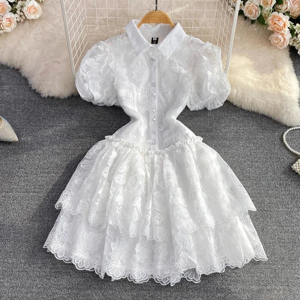 Vintage Elegant Lapel Single-Breasted White Embroidery Puff Sleeve A- Line Cake Dress Cross-Border Summer 2022