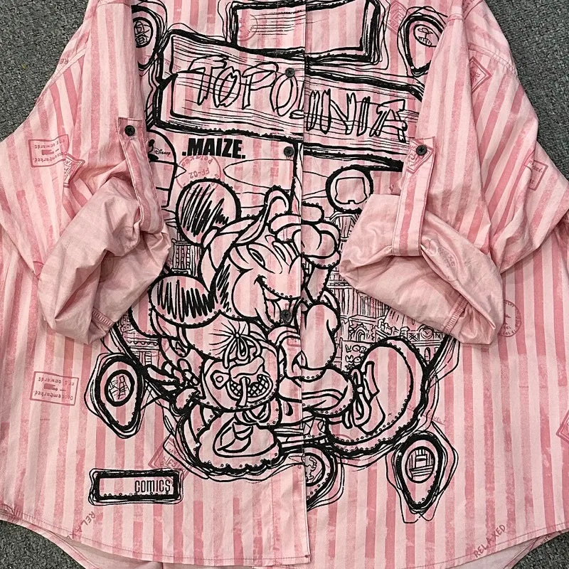 Spring and Summer New Cartoon Design Striped Long-sleeved Shirt Women's Loose Sweet College Style Long Pink Top Single Breasted
