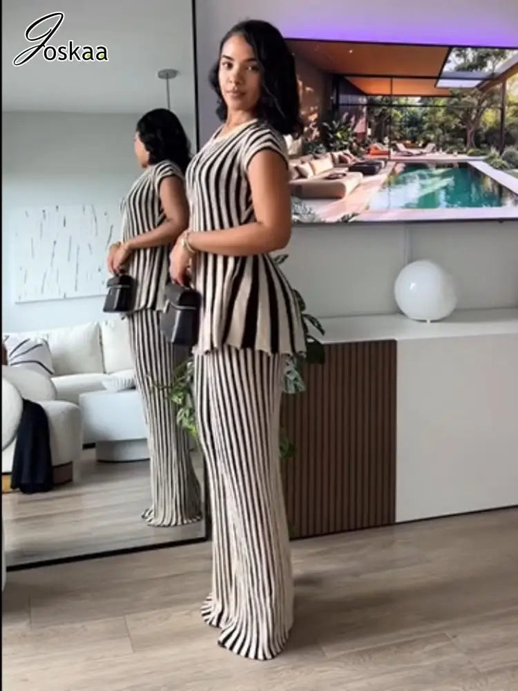 Joskaa 2025 Women's Striped Knit Two Piece Set Casual O-Neck Sleeveless Sweater Vest and Flared Pants Matched Vintage Streetwear