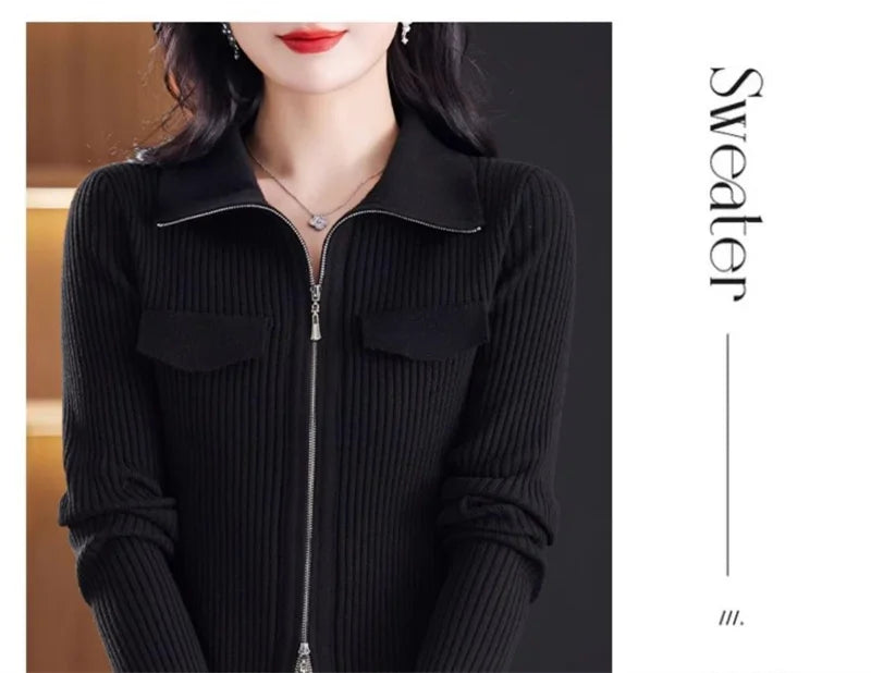 Fashion Zipper Short Knitted Cardigan Sweater 2025 Spring Autumn New Korean Versatile Coat Top Turn-Down Col Sweater Solid Color