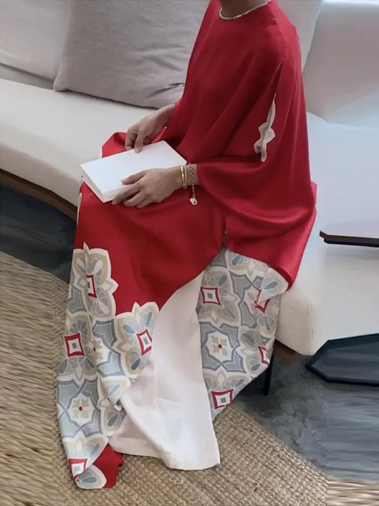 2025 New Spring Printed Evening Party Dresses Vintage Elegant Long Sleeves Loose Round-Neck Muslim Robe For Women