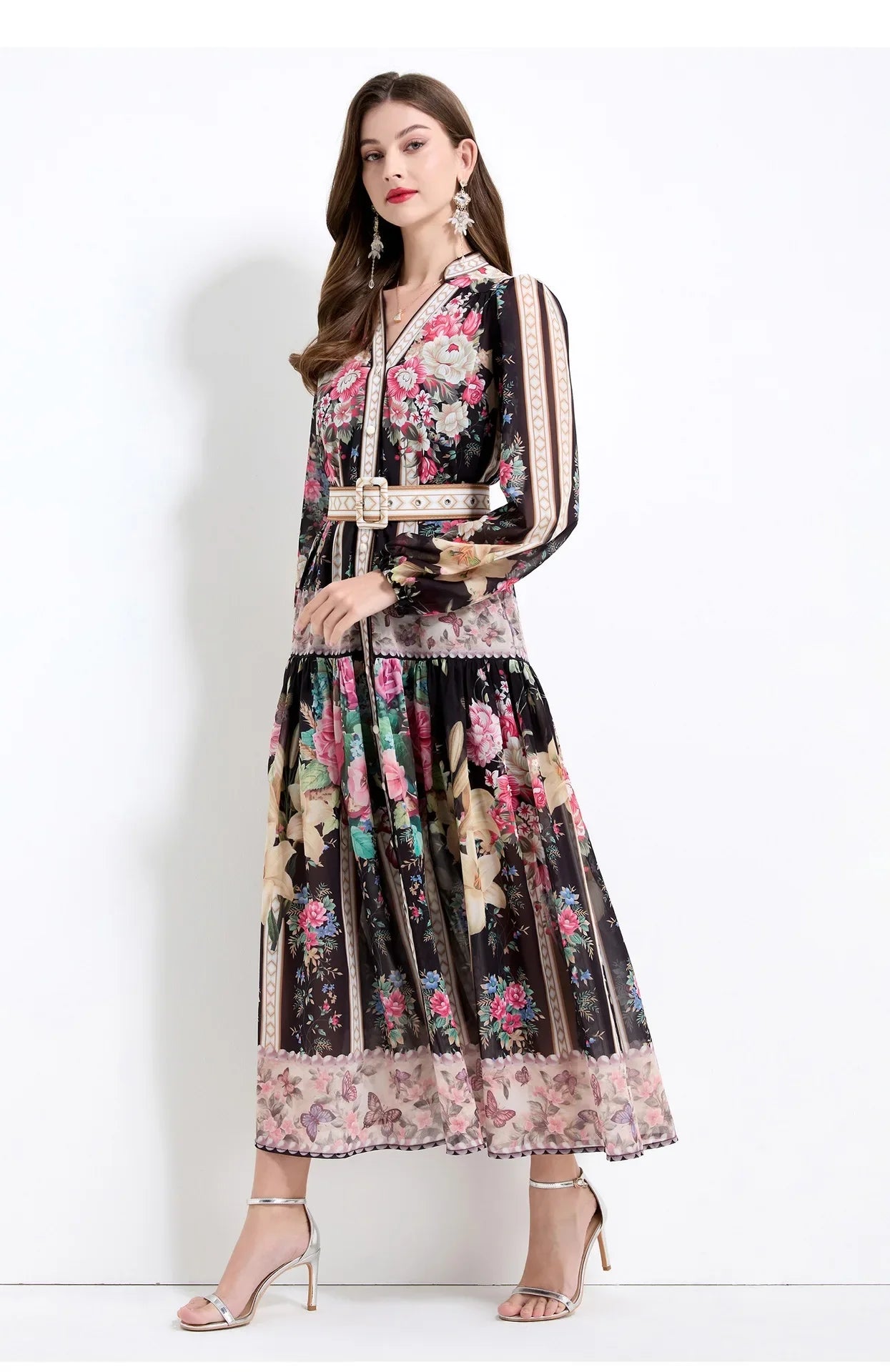 Elegant French Vintage Dress Women's High Waist Belted Print Court Style Long Dress Classy Sensation Skirt Fashionable Gown