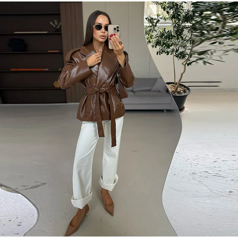 2025 Autumn Women's Jacket Vintage Laple Brown PU Leather Belt Pockets Jackets Female Fashion New Winter Loose Lady Streetwears