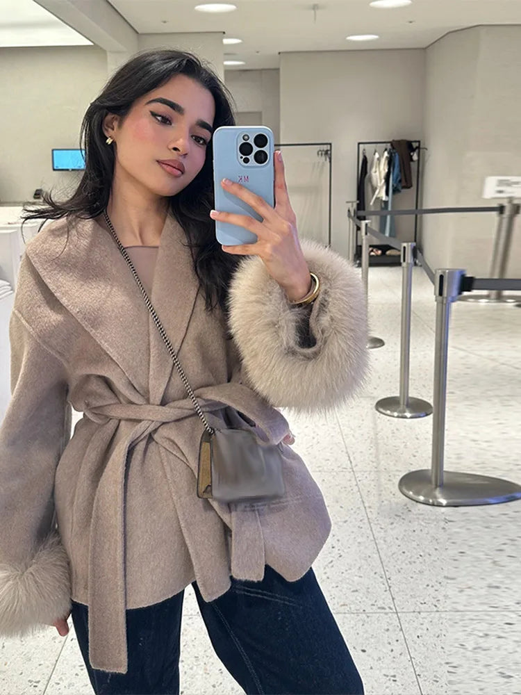 Plush Cuffs Belt Women 's Coats Elegant Lapel Faux Fur Sleeve Twist Open Coat Female 2025 Autumn Winter Fashion Lady Streetwears