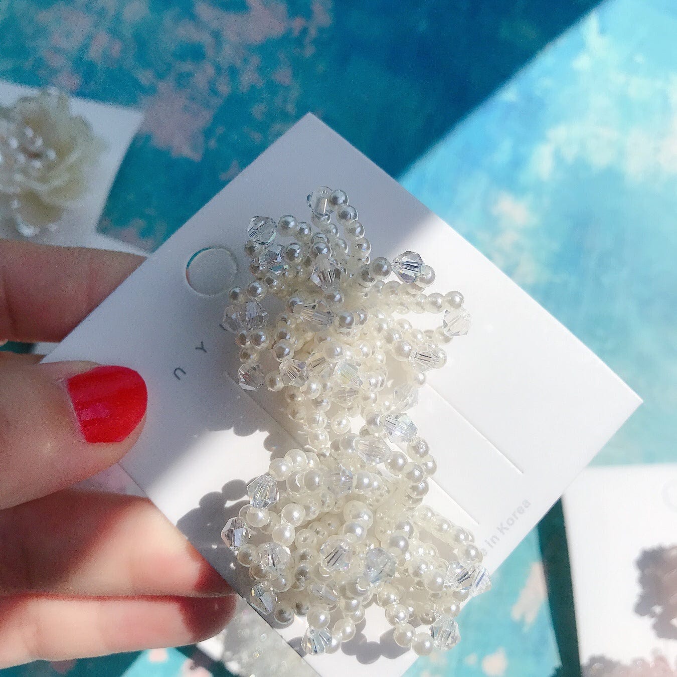 Summer Flower Earrings Hand-made Pearl Beaded Korean Fashion Shiny Crystal Earrings Sweet