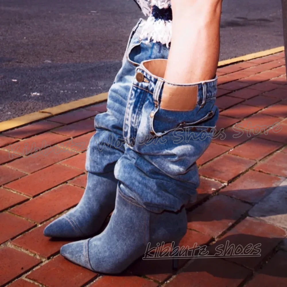 Pocket Over The Knee Boots Denim Cloth Slip-On Bottom Solid Color Novelty Fashion Concise Sexy Hot Girls Shoes Pointy Thin Heels