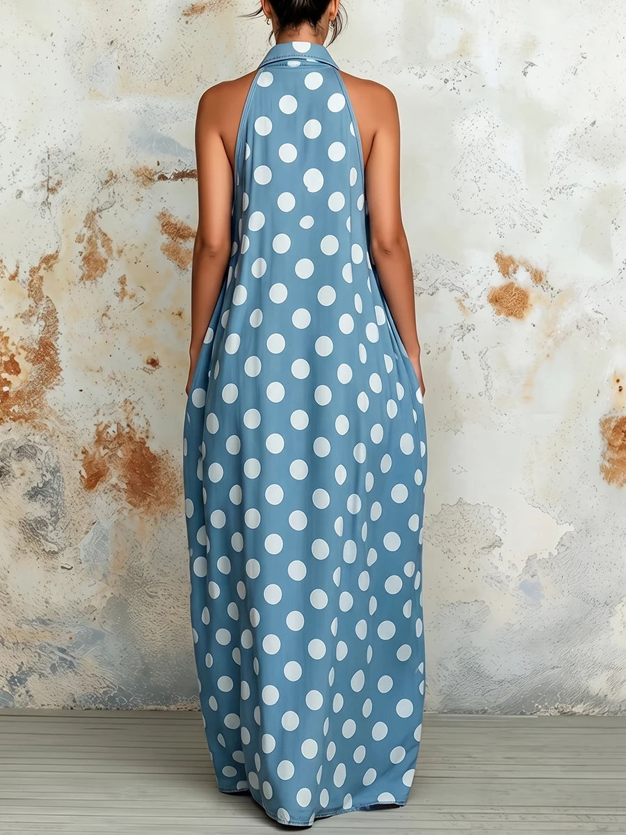 Casual Polka Dot Halter Sleeveless Maxi Dress For Women