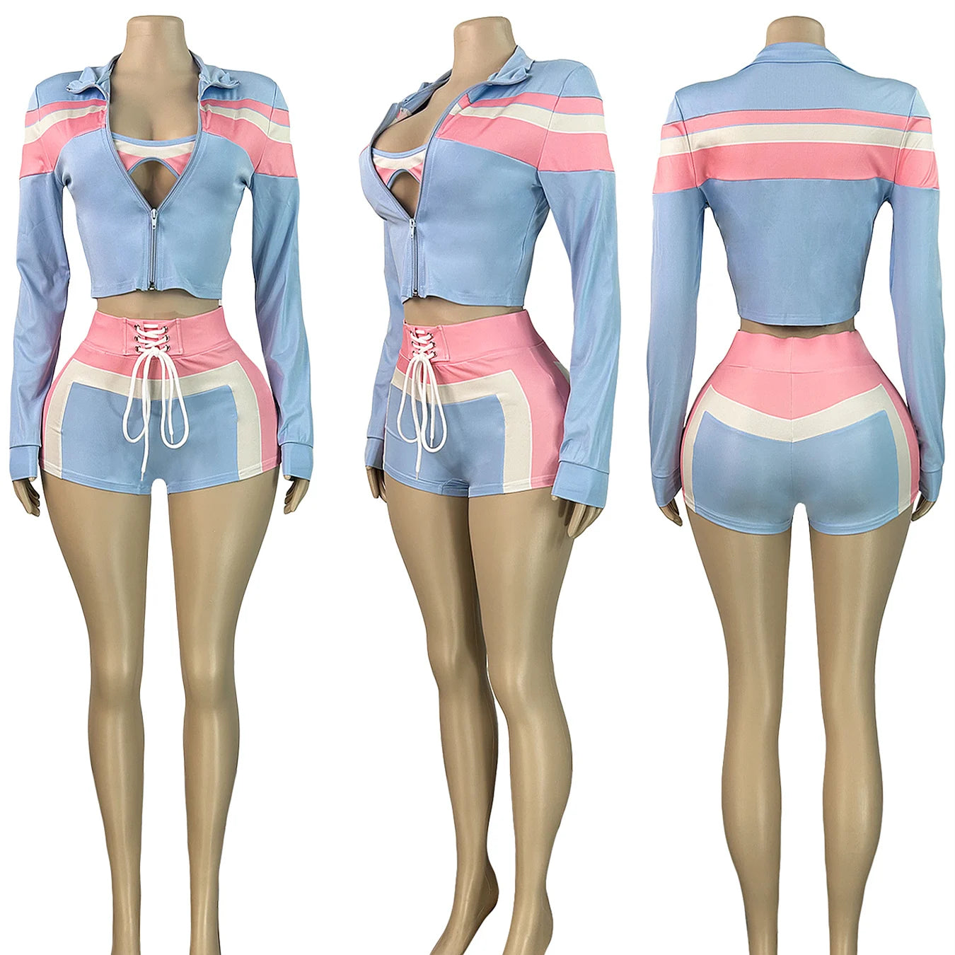 FAGADOER Sexy Sport 3 Pieces Set for Woman Color Block Long Sleeves Jacket + Tanks Top and Shorts Matching Female Beach Swimsuit