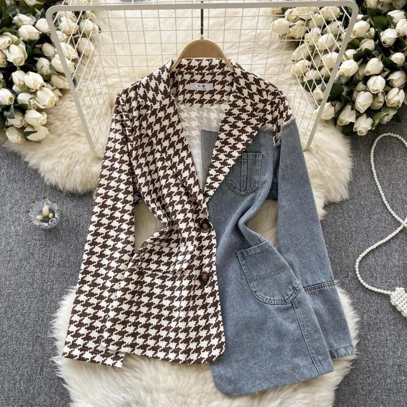 ANJY Autumn New Women Vintage Streetwear Ins Stylish Denim Patchwork Single Breasted Coat Casual Elegant Asymmetric Blazer A8421
