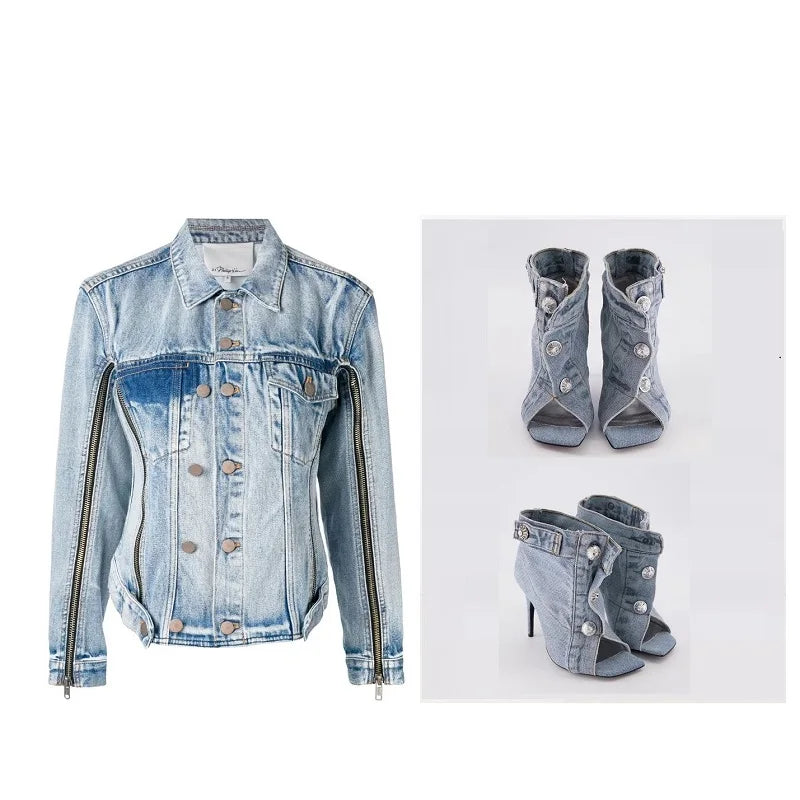 Elegant Denim Look Strappy Peep Toe Stiletto Sandals for Women