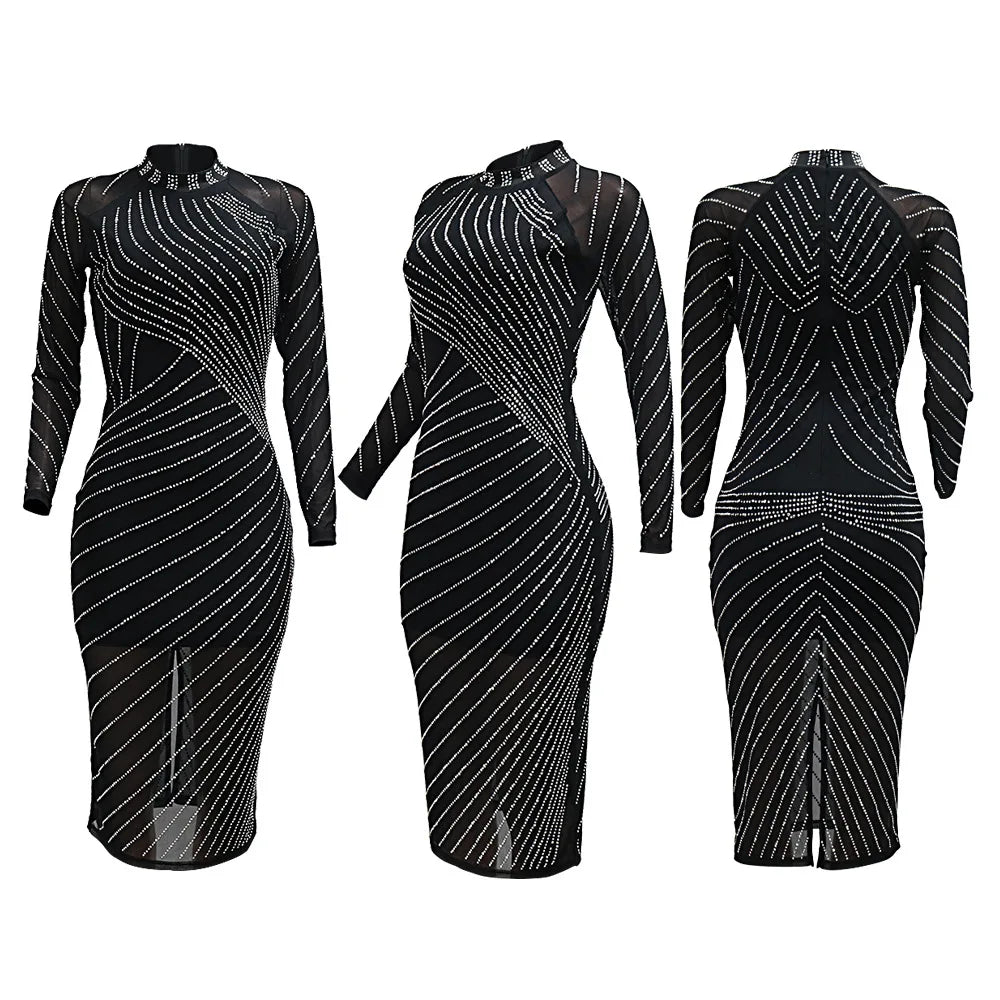 CM.YAYA Women Diamonds Hot Rhinestones Long Sleeve Bodycon Midi Dress 2024 Fall O-neck Evening Club Sexy Party Dresses Vestidos