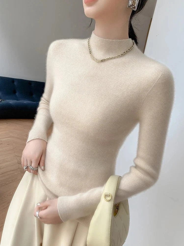 Women 100% Cashmere Sweater Mock Neck Pullover Autumn Winter Slim Basic Cashmere Knitwear Soft Warm High Strecth Pullover Tops