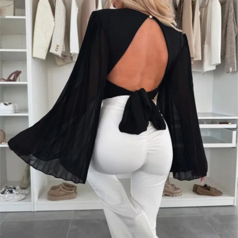 2025 Women's Spring Autumn New Fashionable Waist Collection Sexy V-neck Bag Sleeve Solid Color Wrinkled Long Sleeve Top