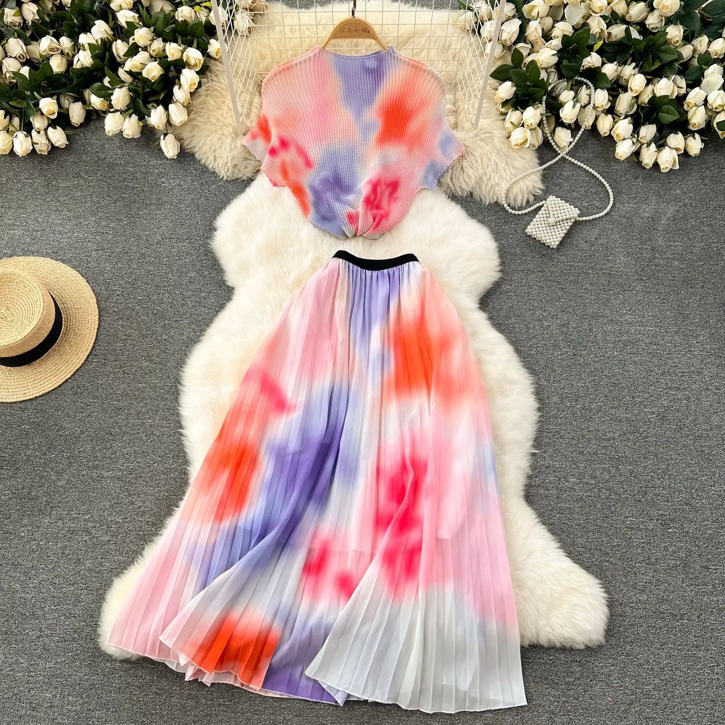 Summer Contrast Color Miyake 2 Pieces Set Women's Short Sleeve High Stretch Pullover Shirt Top+Long Pleated Chiffon Skirt Suit
