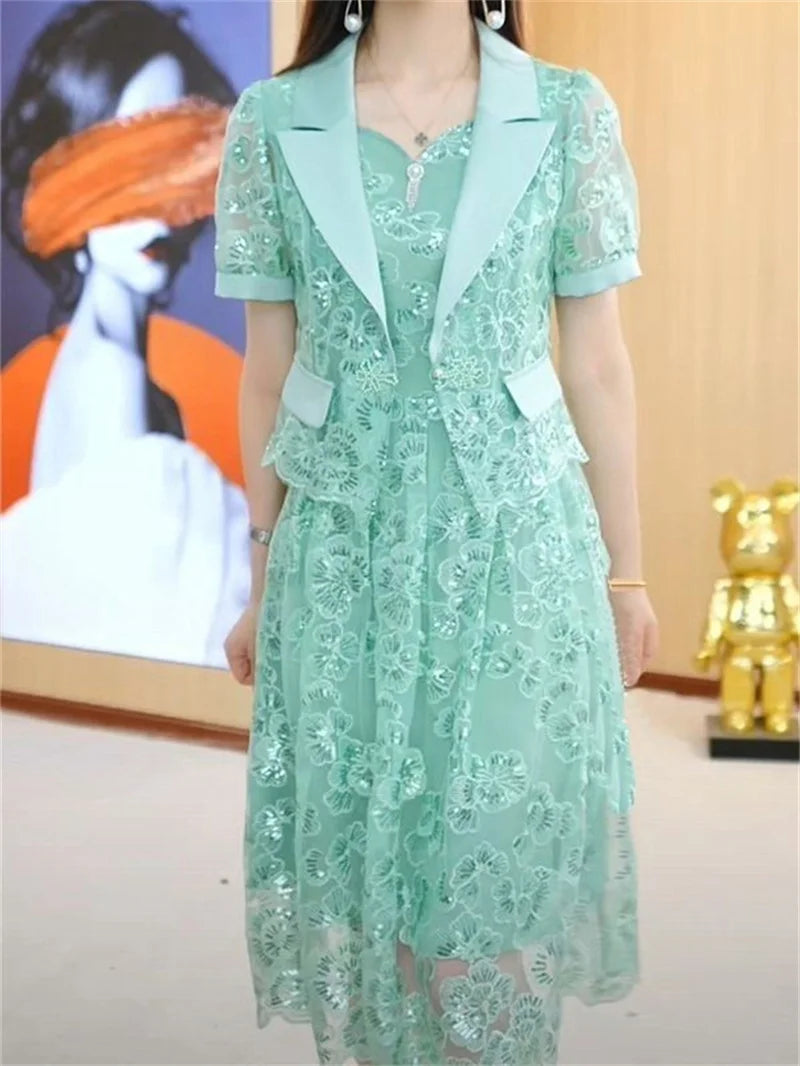 Lace Dress Women's High end Luxury Lady Two Piece Sets Silk Dress Suit Jacket And Dress 2023 Summer Waist Slim Long A-line Dress