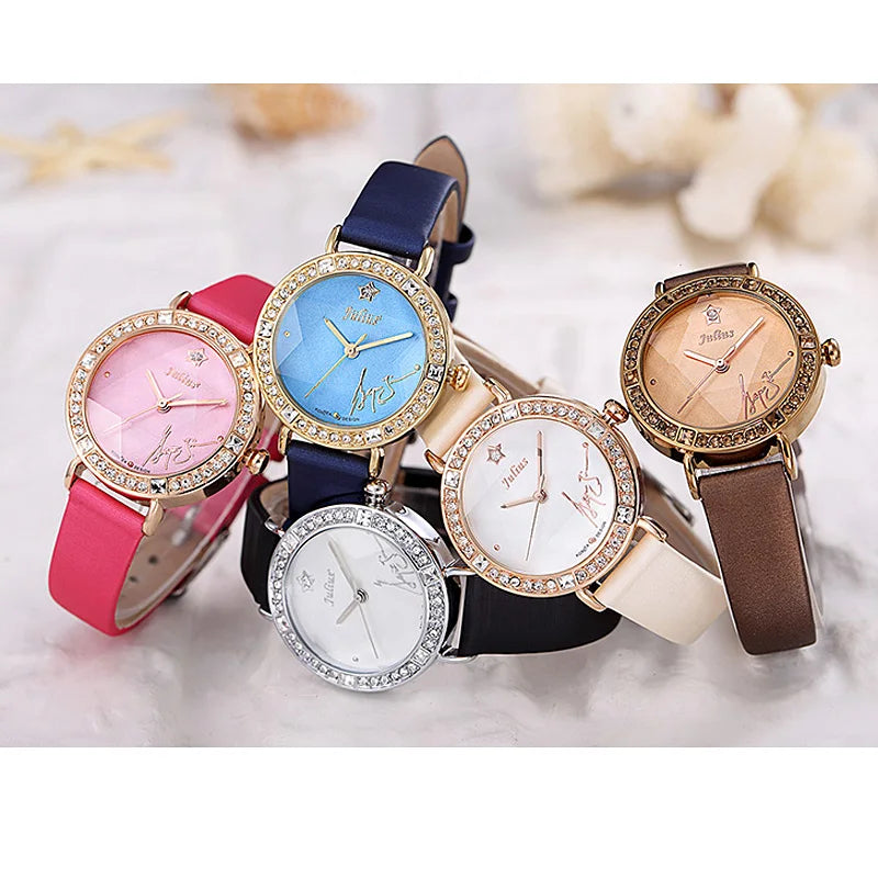 Rhinestones Julius Lady Women's Watch Fashion Hours Bracelet Real Leather Girl's Birthday Gift No Box