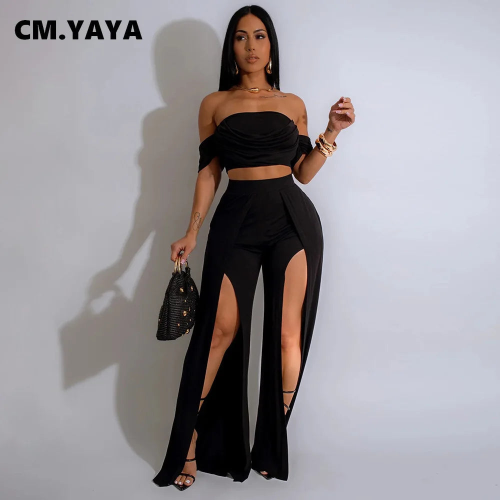 CM.YAYA Women's Set Short Sleeve Slash Neck Ruched Tops and Wide Leg split Pants 2024 Street Two 2 Piece Sets Outfit Tracksuits